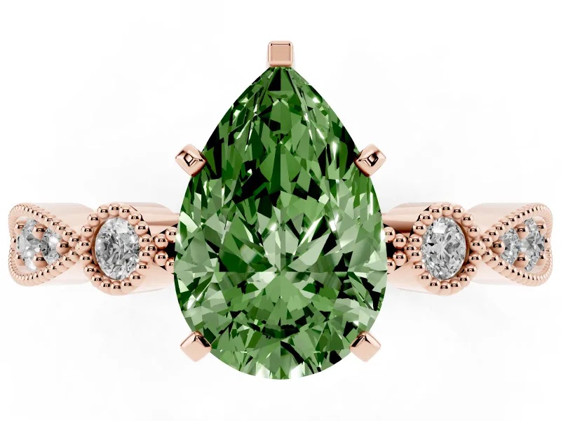 Fancy Green Pear Cut Diamond Solitaire Engagement Ring Set in Rose gold with Milgrain Bezel Accent Band