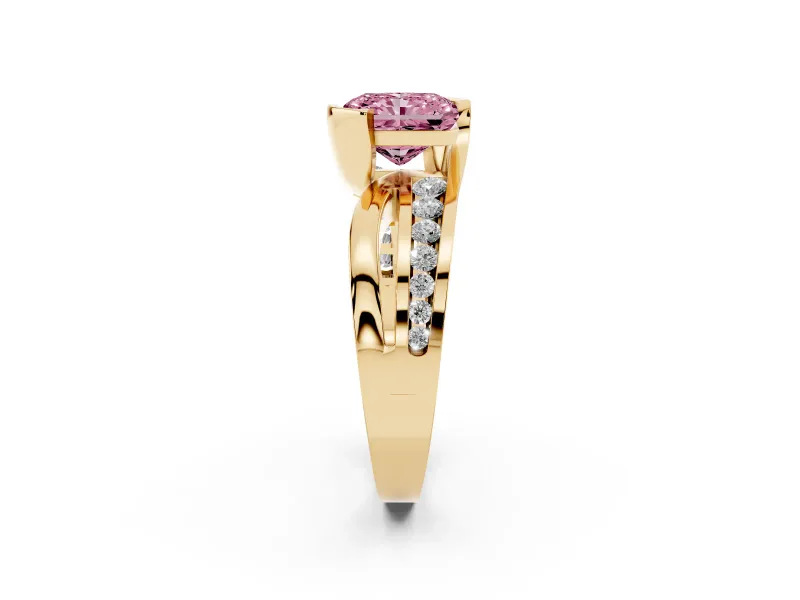 Radiant Cut Graduated Bypass Engagement Ring Setting for a Fancy Pink Lab-Grown Diamond | Split Shank | Yellow Gold