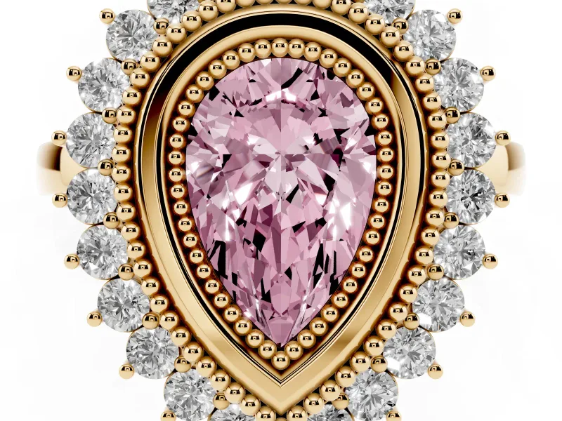 Fancy Pink Pear Cut Diamond Halo Ring Set in Yellow gold with Milgrain Edge and Round Prong Setting