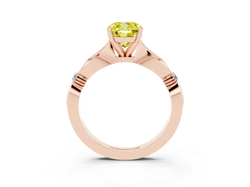 Fancy Yellow Cushion Cut Diamond Solitaire Twisted Band Ring Set in Rose gold with Accent Stones and Prong Setting