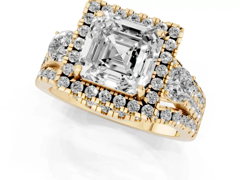 Asscher Cut Halo Split Shank Engagement Ring Setting | Round Side Stones | Yellow Gold