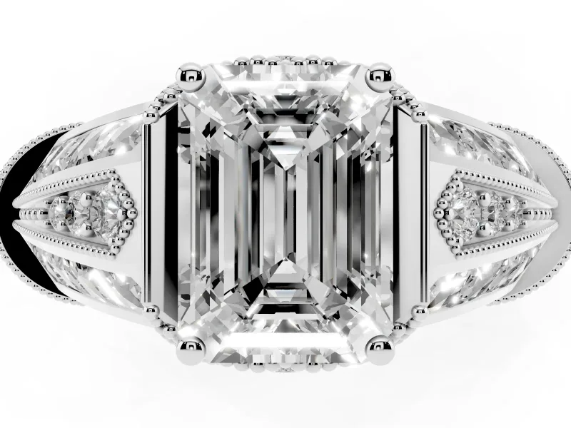 Emerald Cut Vintage Milgrain Engagement Ring Setting | Hidden Halo | Sterling Silver