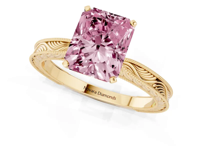Fancy Pink Radiant Cut Diamond Solitaire Milgrain Engraved Band Set in Yellow gold with Prong Setting