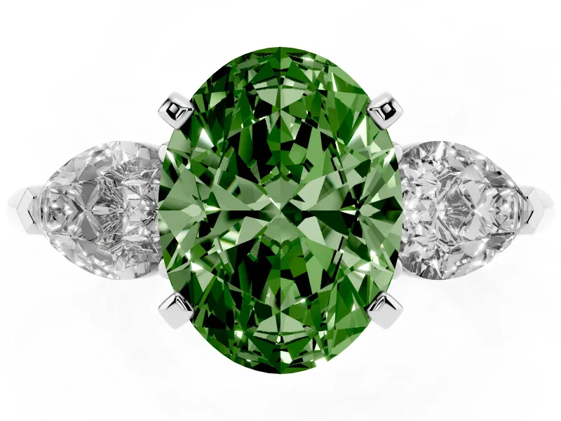 Fancy Green Three-Stone Oval Cut Diamond Ring Set in White gold with Pear Side Stones and Prong Setting