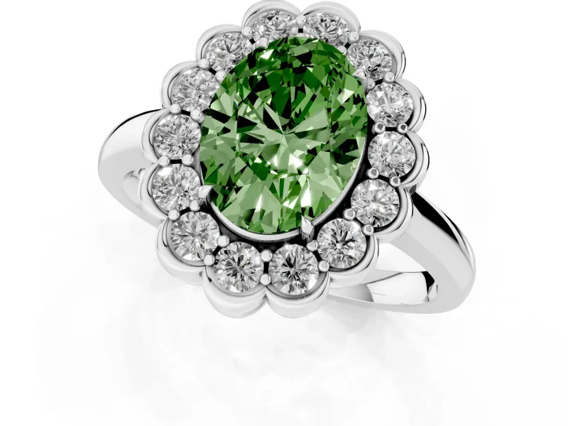 Oval Scalloped Cluster Halo Engagement Ring Setting for a Fancy Green Lab-Grown Diamond | Plain Band | Sterling Silver