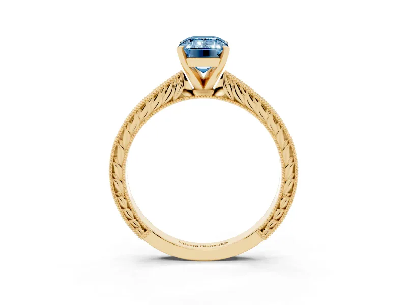 Emerald Cut Engraved Engagement Ring Setting for a Fancy Blue Lab-Grown Diamond | Yellow Gold