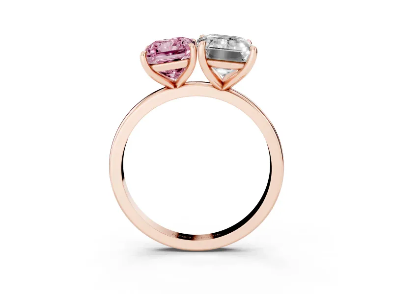 Fancy Pink Radiant Cut and Emerald Cut Toi Moi Ring Set in Rose gold with Prong Setting