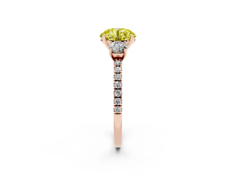 Round Three Stone Engagement Ring Setting for a Fancy Yellow Lab-Grown Diamond | Pave Shoulders | Rose Gold
