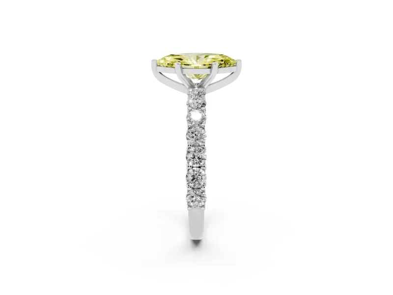 Fancy Yellow Marquise Cut Diamond Solitaire Ring Set in Platinum with Shared Prong Pavé Band