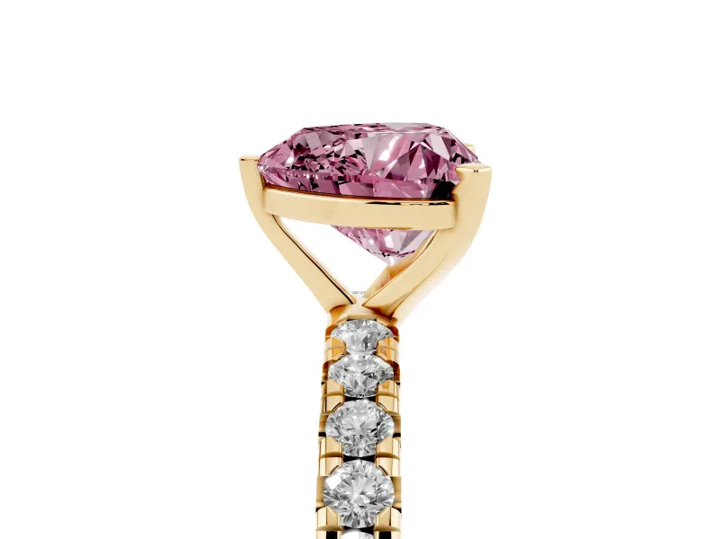 Fancy Pink Heart Cut Diamond Pavé Solitaire Ring Set in Yellow gold with Round Band and Prong Setting