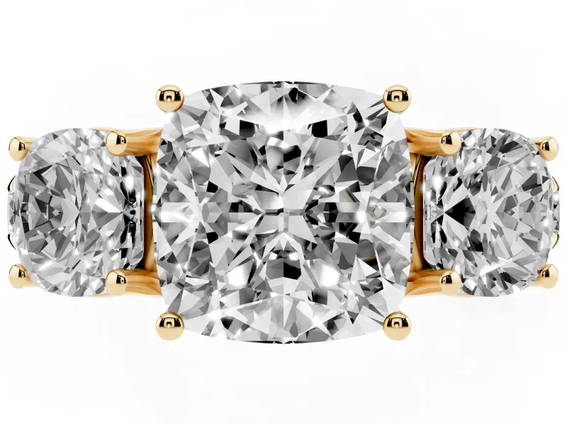 Cushion Cut Diamond Three-Stone Ring Set in Yellow gold with Pavé Band