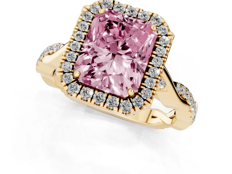 Radiant Cut Twist Halo Engagement Ring Setting for a Fancy Pink Lab-Grown Diamond | Yellow Gold