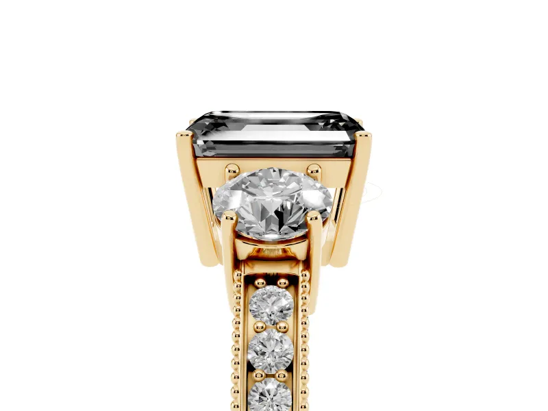 Fancy Black Emerald Cut Diamond Three-Stone Ring Set in Yellow gold with Round Side Stones and Pavé Band