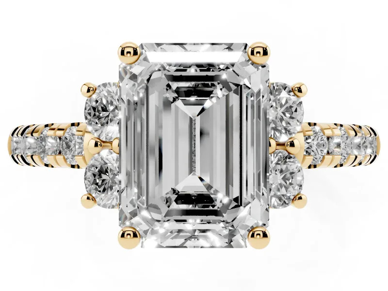 Emerald Cut Side Stone Pave Engagement Ring Setting | Paired Round Accents | Yellow Gold