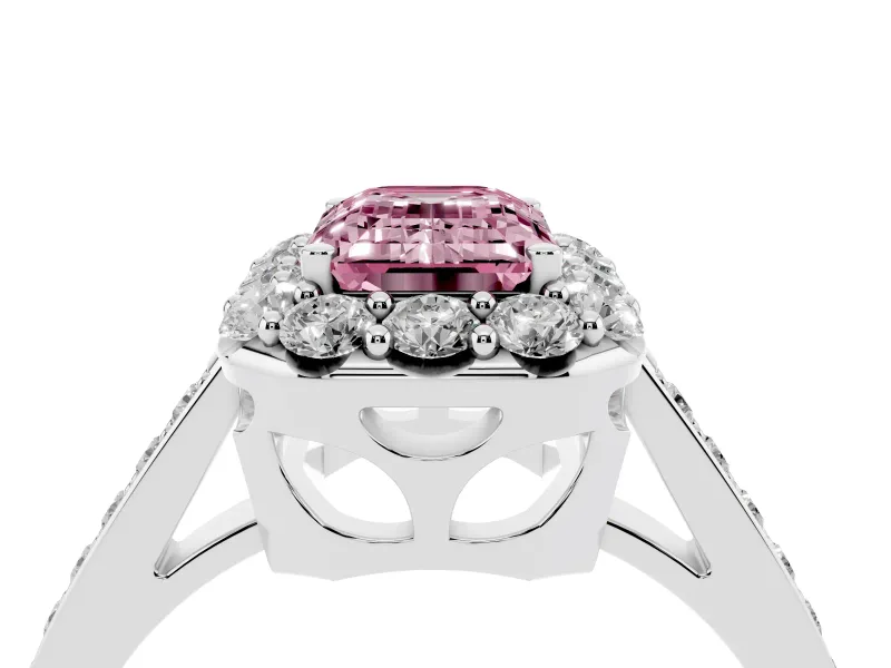 Fancy Pink Emerald Cut Diamond Floral Halo Ring Set in Silver with Pavé Band and Prong Setting