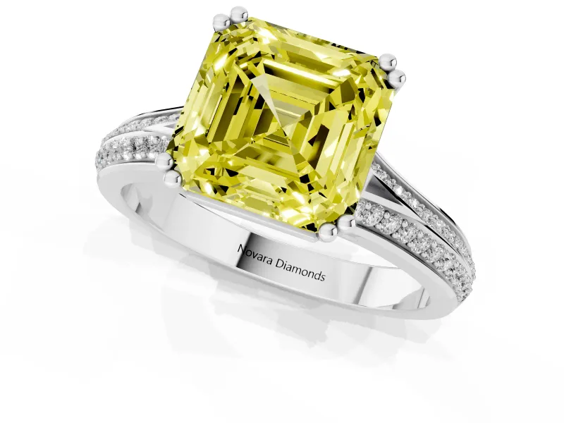 Asscher Cut Split Shank Engagement Ring Setting for a Fancy Yellow Lab-Grown Diamond | Pave Band | Sterling Silver