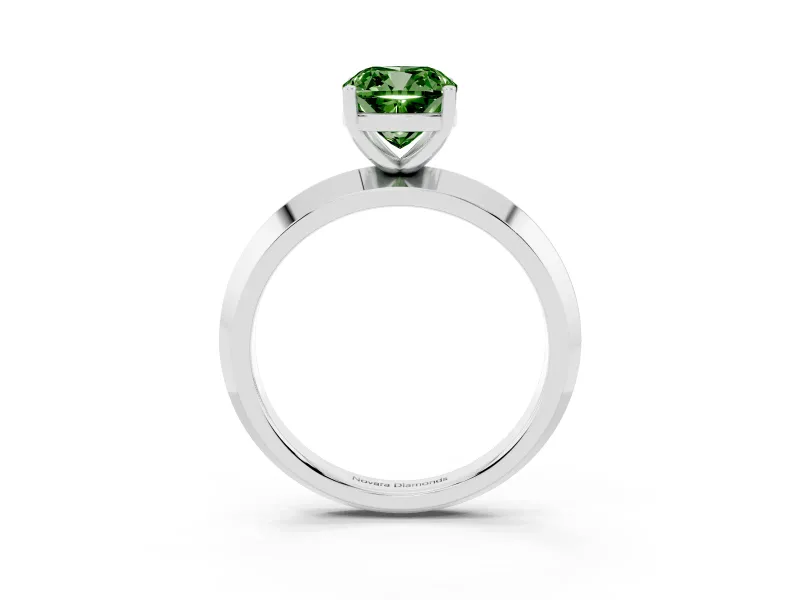 Fancy Green Cushion Cut Diamond Solitaire Engagement Ring Set in White gold with Flat Band and Prong Setting