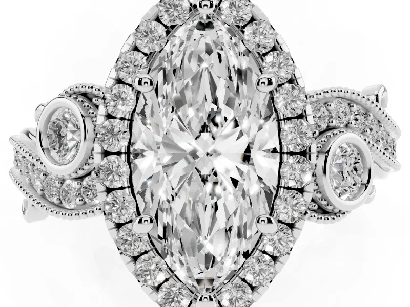 Marquise Cut Diamond Halo Ring Set in Silver with Milgrain Pavé Band and Prong Setting