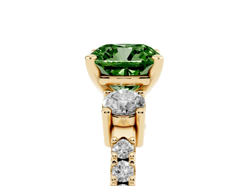 Fancy Green Three-Stone Cushion Cut Diamond Pavé Band Ring Set in Yellow gold with Prong Setting