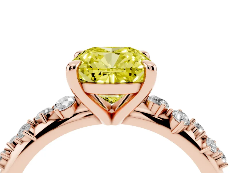 Cushion Cut Graduated Engagement Ring Setting for a Fancy Yellow Lab-Grown Diamond | Rose Gold