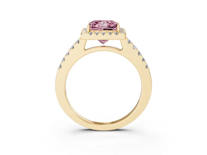 Fancy Pink Princess Cut Diamond Halo Pavé Solitaire Ring Set in Yellow gold with Prong-Set Center Stone