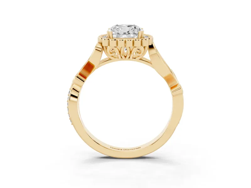 Cushion Cut Vintage Leaf Halo Engagement Ring Setting | Graduated Vine Shank | Yellow Gold