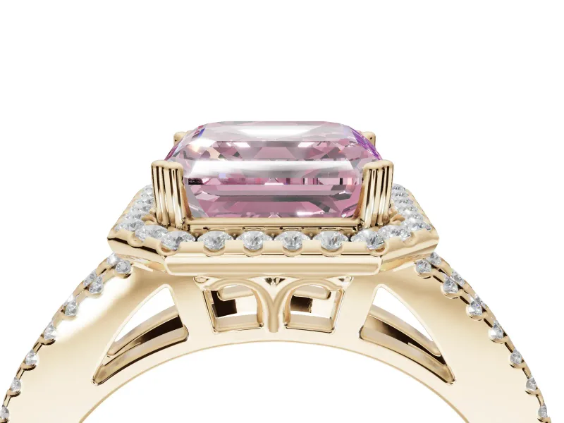 Asscher Cut Halo Split Shank Engagement Ring Setting for a Fancy Pink Lab-Grown Diamond | Pavé Shoulders | Yellow Gold