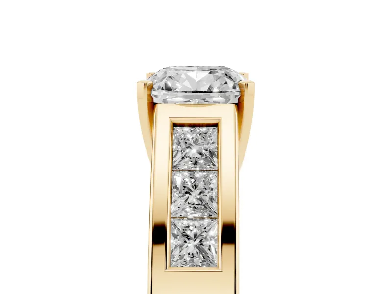 Cushion Cut Channel-Set Engagement Ring Setting | Princess Side Stones | Yellow Gold
