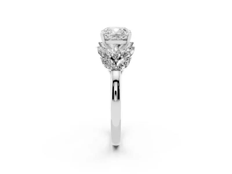 Cushion Cut Diamond Cluster Leaf Design Ring Set in Silver with Prong Setting
