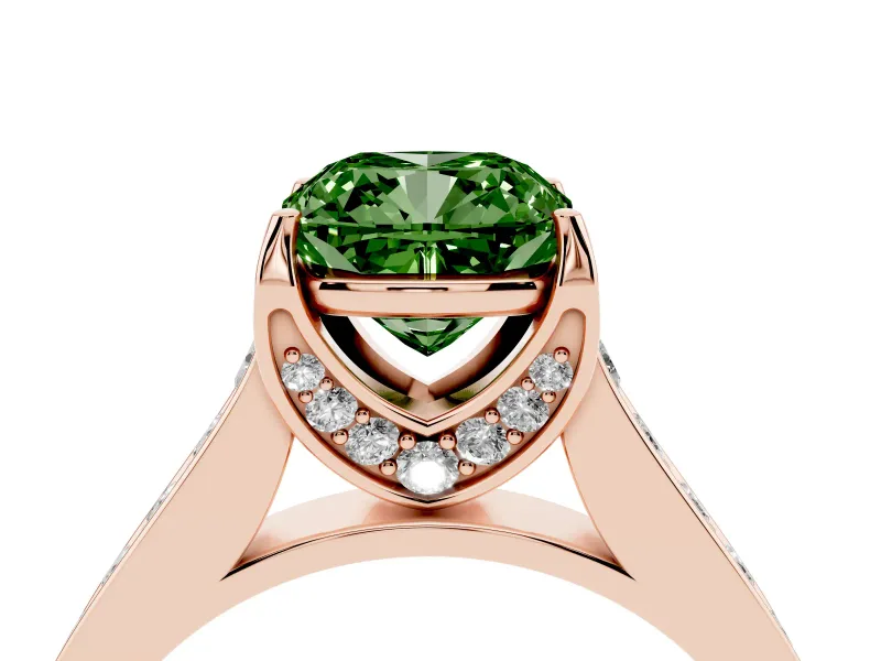 Fancy Green Cushion Cut Diamond Solitaire Pavé Engagement Ring Set in Rose gold with Prong Setting