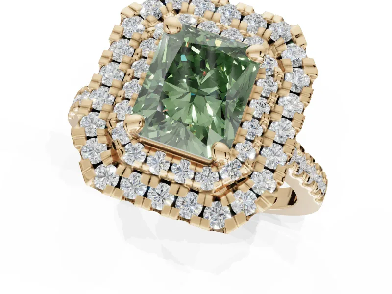 Radiant Cut Double Halo Engagement Ring Setting for a Fancy Green Lab-Grown Diamond | Pave Shoulders | Yellow Gold
