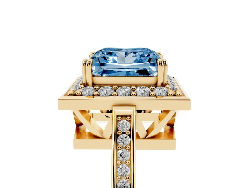 Princess Cut Halo Engagement Ring Setting for a Fancy Blue Lab-Grown Diamond | Polished Halo Rim | Yellow Gold