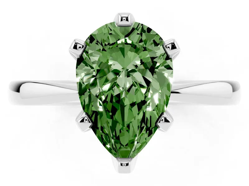 Fancy Green Pear Cut Diamond Solitaire Engagement Ring Set in Silver with Slim Tapered Solitaire Band