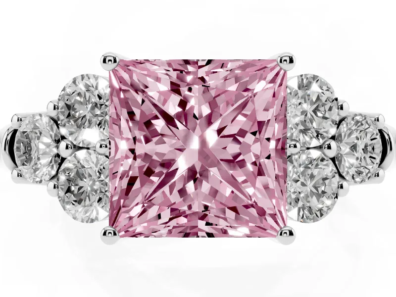 Fancy Pink Princess Cut Diamond Cluster Ring Set in Platinum with Round Accent Stones and Prong Setting on a Plain Band