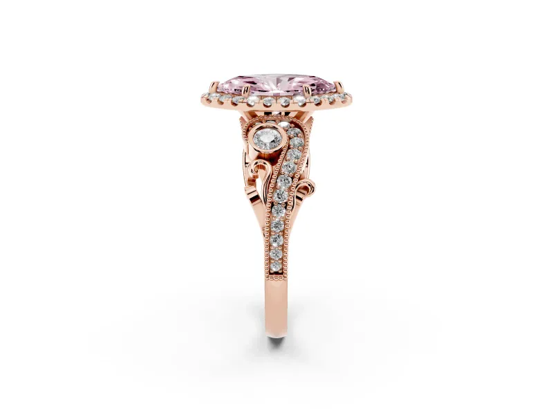 Fancy Pink Marquise Cut Diamond Halo Ring Set in Rose gold with Milgrain Pavé Band and Prong Setting
