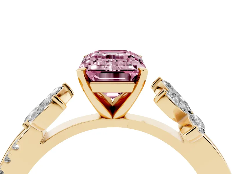 Fancy Pink Emerald Cut Diamond Floral Vine Solitaire Engagement Ring Set in Yellow gold with Marquise Leaves