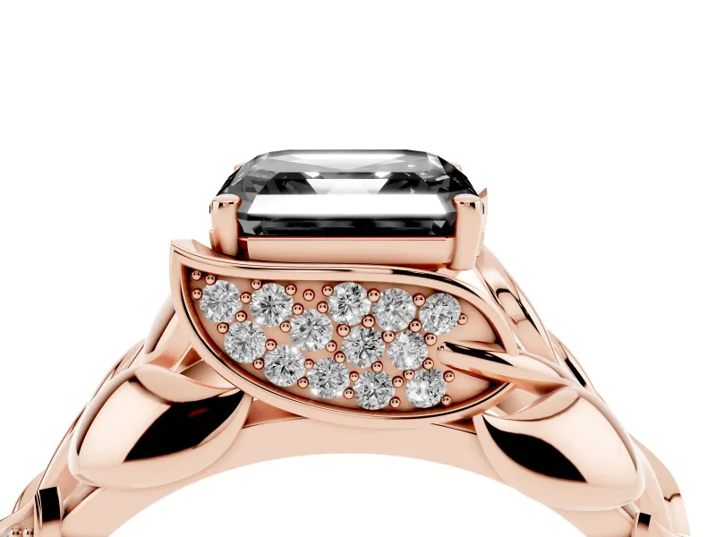 Asscher Cut Leaf Bypass Engagement Ring Setting for a Black Center | Pavé Leaf Accents | Rose Gold