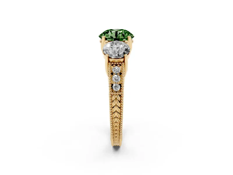 Round Vintage Three Stone Engagement Ring Setting for a Fancy Green Lab-Grown Diamond | Yellow Gold