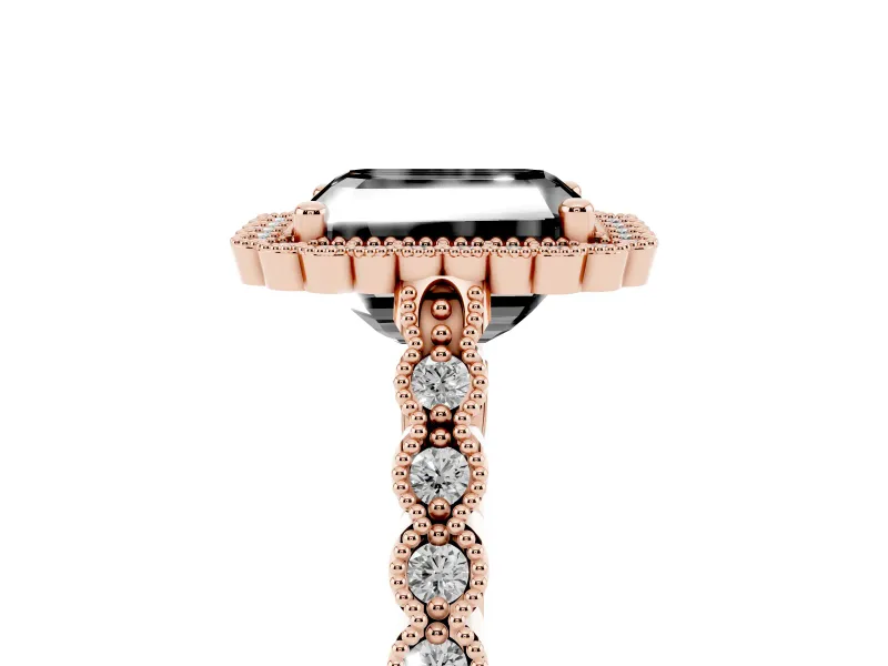 Radiant Cut Milgrain Halo Engagement Ring Setting for a Black Center | Beaded Shoulders | Rose Gold
