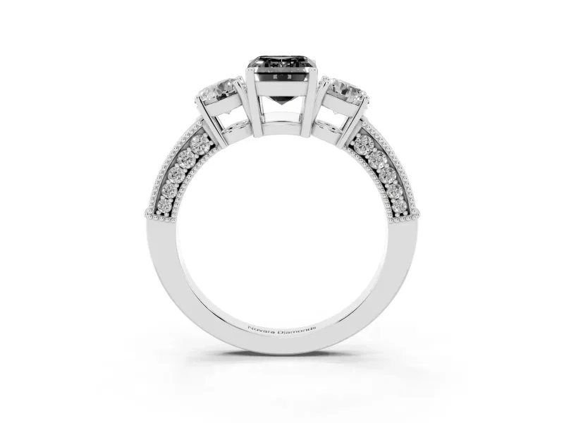 Fancy Black Emerald Cut Diamond Three-Stone Ring Set in Platinum with Round Side Stones and Pavé Band