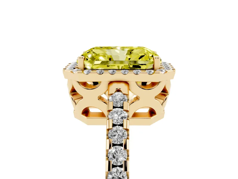 Radiant Cut Pave Halo Engagement Ring Setting for a Fancy Yellow Lab-Grown Diamond | Yellow Gold