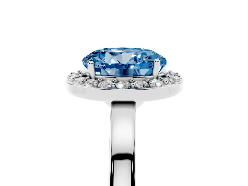 Fancy Blue Round Cut Diamond Halo Ring Set in White gold with Solitaire Band and Prong Setting