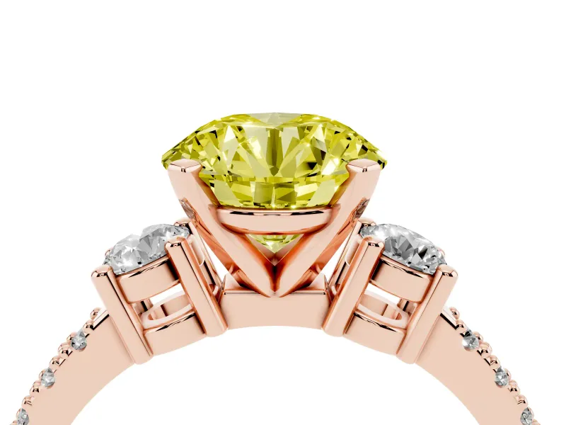 Round Three Stone Pavé Engagement Ring Setting for a Fancy Yellow Lab-Grown Diamond | Round Side Stones | Rose Gold