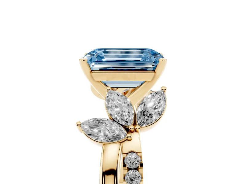 Emerald Cut Floral Vine Engagement Ring Setting for a Fancy Blue Lab-Grown Diamond | Yellow Gold