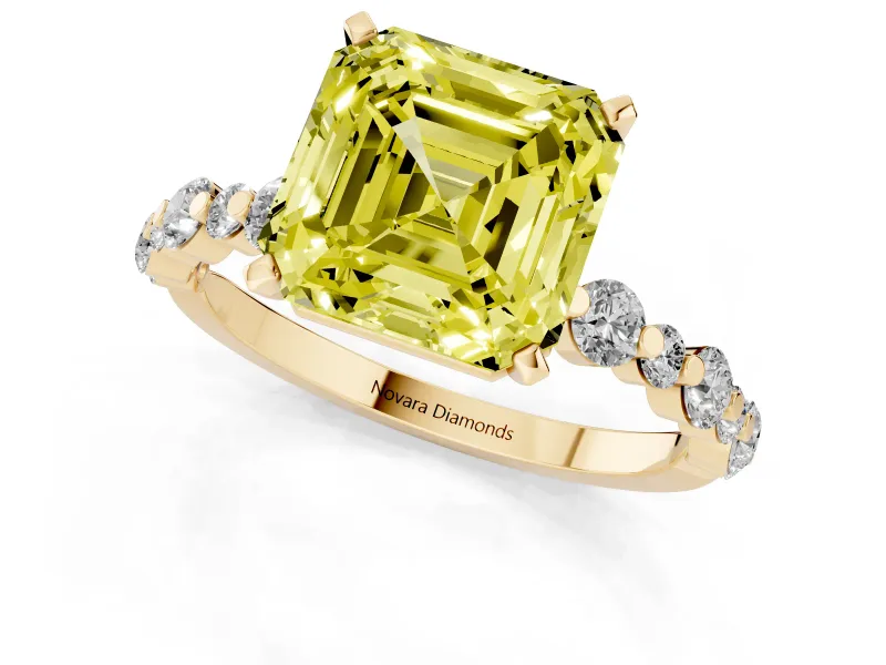 Fancy Yellow Asscher Cut Diamond Prong Set Engagement Ring Set in Yellow gold with Round Accent Pavé Band