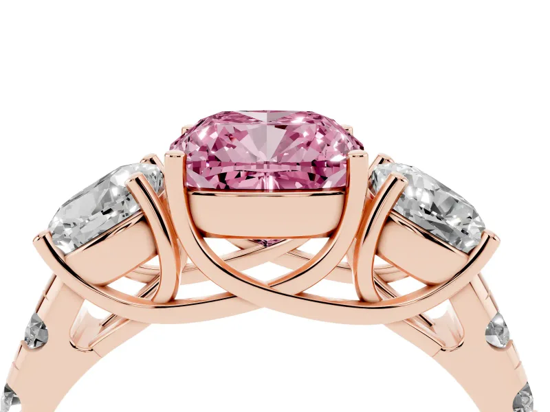 Cushion Cut Three Stone Engagement Ring Setting for a Fancy Pink Lab-Grown Diamond | Accented Shoulders | Rose Gold