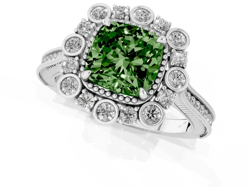 Cushion Cut Scalloped Halo Engagement Ring Setting for a Fancy Green Lab-Grown Diamond | Milgrain Edges | Platinum