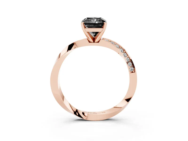 Fancy Black Radiant Cut Diamond Engagement Ring Set in Rose gold with Side Stone Accents and Prong Setting