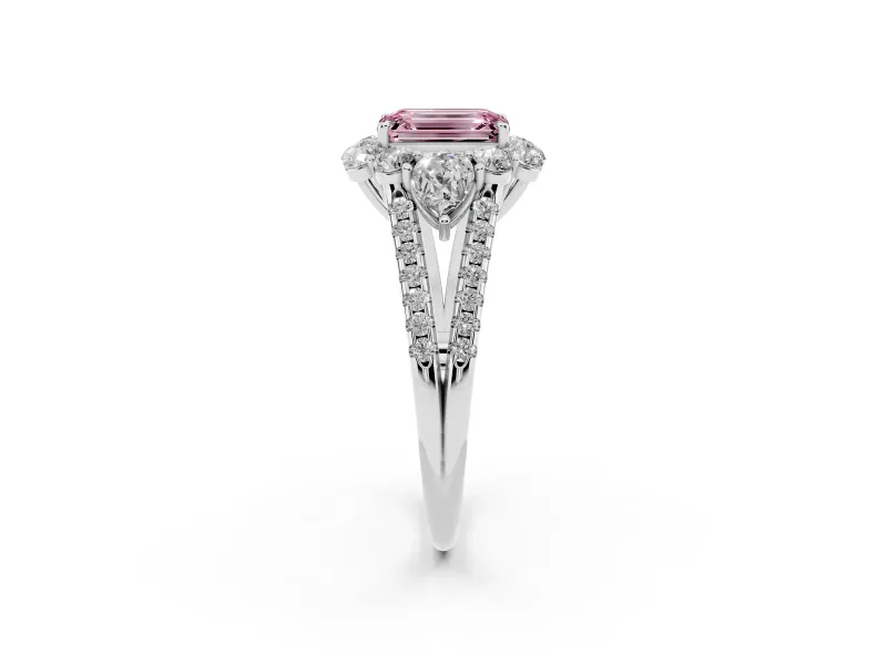 Fancy Pink Emerald Cut Diamond Halo Split Shank Engagement Ring Set in Platinum with Prong-Held Center Stone