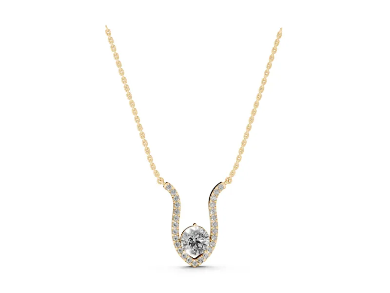 Round Lab-Grown Diamond Open Pavé Frame Pendant Necklace | Pointed U Frame | Yellow Gold